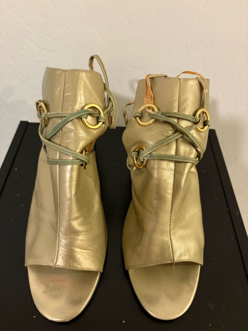 Gold Peep-Toe Leather Ankle Boots with Decorative Lacing